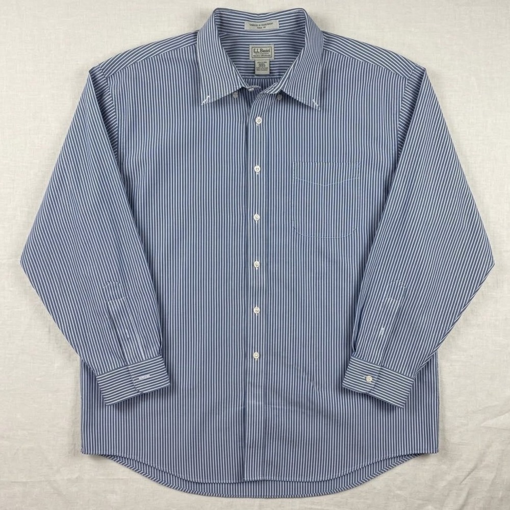 LL Bean Button Down Shirt Mens 18-33 Blue White Striped Trim Fit Wrinkle Resist